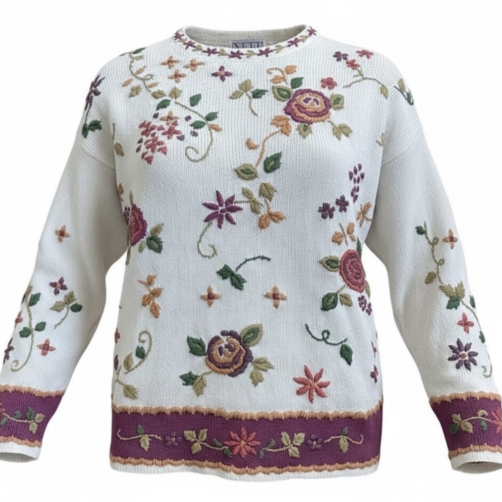 Vtg Nell Flowers J.G. Hook Floral Embroidered Sweater Ramie Cotton Blend Women S